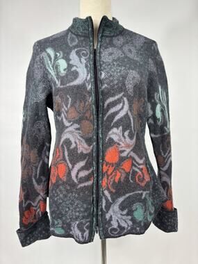 Ivko Wool Cardigan Jacket Grey Floral XXL Zip Front Long Sleeve Embroidered